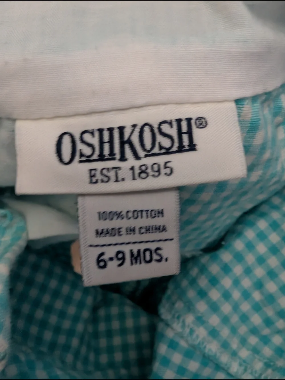 Vintage OshKosh B'gosh Aqua Gingham Short Overalls Sz 6-9m